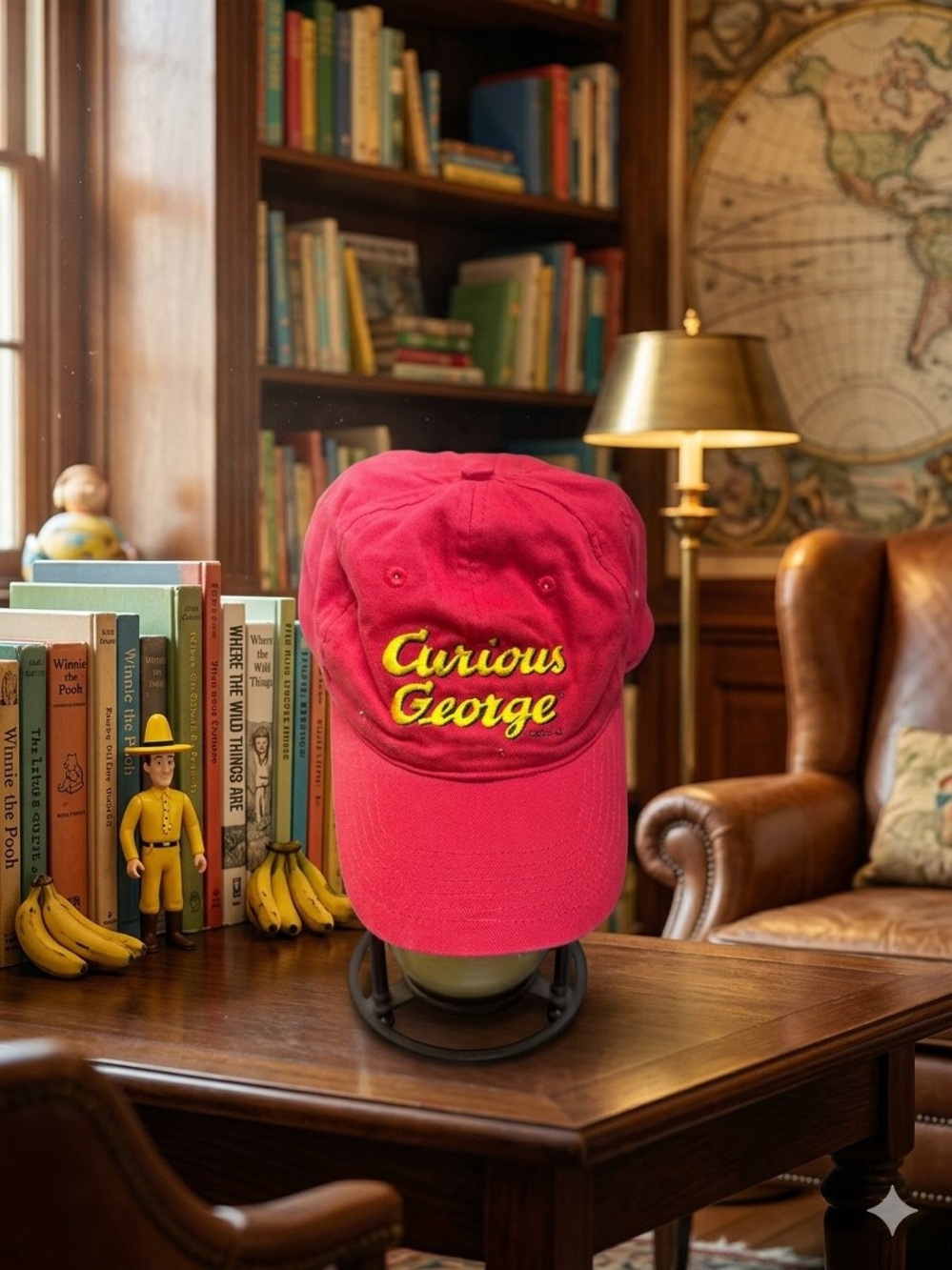 Vintage Curious George Red Baseball Cap with Yellow Embroidered Logo